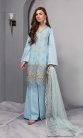 Straight Lawn Shirt With Embroidered Front And Chicken Sleeves Paired With Wide Leg Pants And Net Embroidered Dupatta