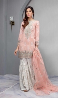 Jacquard Lawn Straight Shirt With Embroidered Neckline Sleeves And Border Paired With Screen Printed Gharara And Embroidered Net Dupatta.