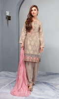 Jacquard Straight Shirt With Embroidered Neckline And Border Paired With Embroidered Cotton Lawn Shalwar And Chiffon Printed Dupatta