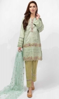 3 Piece Shirt Trouser and Dupatta Straight lawn shirt with embroidered border and neckline stitching and trim details on sleeves Embroidered net dupatta Embroidered cotton pants with stitching elements