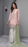 Lawn A-Line Shirt With Embroidered Neckline, Side Pannel, Hem And Sleeves Paired With Off-White Cotton Lawn Gharara And Embroidered Chiffon Dupatta