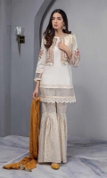 Embroidered Jacket Paired With White Lawn Straight Shirt With Organza And Laces Details And Cotton Lawn Gharara With Chiffon Crushed Dupatta