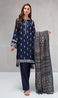 3 piece Shirt, shalwar and shawl Linen a line shirt with embroidered neckline and sleeves Linen shalwar Woven shawl