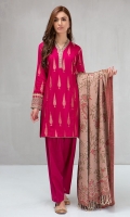 3 piece Shirt, shalwar and shawl Jacquard shirt with embroidered borders Cambric shalwar Woven shawl