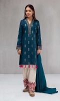 3 piece Blue Shirt, shalwar and dupatta Jacquard shirt with embroidered neckline and borders Khaddar embroidered shalwar Self-jacquard dupatta