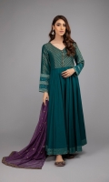 Shirt fabric: Lawn and Jacquard Trouser fabric: Lawn cotton Dupatta fabric: Net Long crushed frock with jacquard body and sleeves, buttons and loop detailing on front with embroidered sleeves paired with matching straight pants and contrast net embroidered dupatta