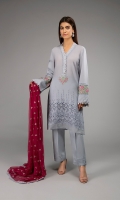Shirt fabric: Lawn Trouser fabric: Lawn cotton Dupatta fabric: Chiffon Straight chiffli shirt with lace and pearl detailing on neckline and sleeves embroidered border on sleeves and neckline paired with matching straight pants and embroidered contrast dupatta.