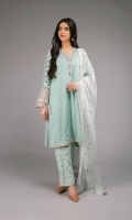 Shirt fabric: Lawn Trouser fabric: Lawn cotton Dupatta fabric: Net A-line shirt with embroidered spray on front, embroidered neckline and border with embroidered sleeves on organza jacquard paired with matching printed pants and embroidered dupatta.