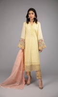 Shirt fabric: lawn Trouser fabric: Lawn cotton Dupatta fabric: Check organza Straight chiffli long shirt with embroidered sleeves and shirt border paired with white straight pants with embroidered border and peach embroidered dupatta with four sided pearl lace.
