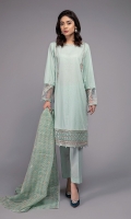 Shirt fabric: Lawn Trouser fabric: Lawn cotton Dupatta fabric: Check organza Straight long shirt with embroidered neckline, sleeves, and border paired with straight trousers and 3 toned embroidered organza dupatta.