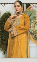 Embroidered lawn center panel Embroidered lawn side panel Embroidered lawn sleeves Lawn printed back Cambric dyed trouser Organza embroidered gherapatti Organza embroidered sleeve patti Organza embroidered trouser patti Tissue silk printed dupatta