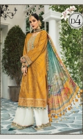 Embroidered lawn center panel Embroidered lawn side panel Embroidered lawn sleeves Lawn printed back Cambric dyed trouser Organza embroidered gherapatti Organza embroidered sleeve patti Organza embroidered trouser patti Tissue silk printed dupatta