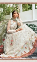 Net embroidered front bodice Net embroidered front Net embroidered sleeves Net dyed back Cambric dyed trouser Lawn printed inner (front&back) Net embroidered bodice patti Organza embroidered neckline Schiffli embroidered lace front Tissue silk printed dupatta