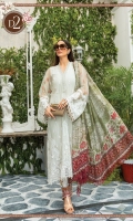 Net embroidered front bodice Net embroidered front Net embroidered sleeves Net dyed back Cambric dyed trouser Lawn printed inner (front&back) Net embroidered bodice patti Organza embroidered neckline Schiffli embroidered lace front Tissue silk printed dupatta