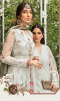 Net embroidered front bodice Net embroidered front Net embroidered sleeves Net dyed back Cambric dyed trouser Lawn printed inner (front&back) Net embroidered bodice patti Organza embroidered neckline Schiffli embroidered lace front Tissue silk printed dupatta
