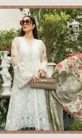 Net embroidered front bodice Net embroidered front Net embroidered sleeves Net dyed back Cambric dyed trouser Lawn printed inner (front&back) Net embroidered bodice patti Organza embroidered neckline Schiffli embroidered lace front Tissue silk printed dupatta