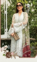 Net embroidered front bodice Net embroidered front Net embroidered sleeves Net dyed back Cambric dyed trouser Lawn printed inner (front&back) Net embroidered bodice patti Organza embroidered neckline Schiffli embroidered lace front Tissue silk printed dupatta