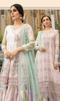 Lawn printed front & back Lawn printed sleeves 1 Embroidered lawn sleeves 2 Hand woven jacquard trouser Organza embroidered trouser patti Organza embroidered neck patti Organza embroidered gherapatti 1 Organza embroidered gherapatti 2 Net pearl printed dupatta Sateen printed dupatta pallu Organza embroiderd dupatta patti