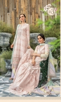 Lawn printed front & back Lawn printed sleeves 1 Embroidered lawn sleeves 2 Hand woven jacquard trouser Organza embroidered trouser patti Organza embroidered neck patti Organza embroidered gherapatti 1 Organza embroidered gherapatti 2 Net pearl printed dupatta Sateen printed dupatta pallu Organza embroiderd dupatta patti