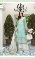Hand woven jacquard front Hand woven swiss lawn jacquard sleeves Lawn printed back Cambric printed trouser Organza embroidered neckline Organza embroidered ghera lace 1 Organza embroidered with pearls ghera lace 2 Organza embroidered with pearls sleeve patch Organza embroidered sleeve lace Tissue silk printed dupatta Swarovski buttons