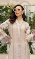 Swiss lawn embroidered center panel Swiss lawn embroidered side panel Swiss lawn printed back Swiss lawn printed sleeves Cambric dyed trouser Organza embroidered with pearls neck patti 1 Organza embroidered neck patti 2 Organza embroidered gherapatti Organza embroidered sleeve patti Tissue silk printed dupatta