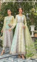 Cotton Satin embroidered koti (front &back) Lawn dyed yoke (front & back) Lawn embroidered sleeves Lawn embroidered panel 1 Lawn embroidered panel 2 Lawn embroidered panel 3 (left & right) Lawn printed panel 1 Lawn printed panel 2 Lawn printed panel 3 (left & right) Organza embroidered neckline Sateen embroidered koti neck (left & right) Sateen embroidered koti lace Organza embroidered sleeve patti 1 Organza embroidered sleeve patti 2 Organza embroidered gherapatti Hand woven organza jacquard dupatta Cambric printed trouser