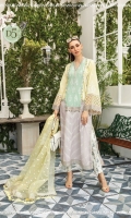 Cotton Satin embroidered koti (front &back) Lawn dyed yoke (front & back) Lawn embroidered sleeves Lawn embroidered panel 1 Lawn embroidered panel 2 Lawn embroidered panel 3 (left & right) Lawn printed panel 1 Lawn printed panel 2 Lawn printed panel 3 (left & right) Organza embroidered neckline Sateen embroidered koti neck (left & right) Sateen embroidered koti lace Organza embroidered sleeve patti 1 Organza embroidered sleeve patti 2 Organza embroidered gherapatti Hand woven organza jacquard dupatta Cambric printed trouser