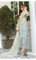 swiss lawn embroidered front swiss lawn printed back swiss lawn printed sleeves cambric dyed trouser organza embroidered sleeve patti organza for ghera front organza neck lace with pearls 1 organza schiffli embroidered neck lace 2 hand woven khadidupatta Swarovski buttons
