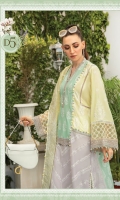 Cotton Satin embroidered koti (front &back) Lawn dyed yoke (front & back) Lawn embroidered sleeves Lawn embroidered panel 1 Lawn embroidered panel 2 Lawn embroidered panel 3 (left & right) Lawn printed panel 1 Lawn printed panel 2 Lawn printed panel 3 (left & right) Organza embroidered neckline Sateen embroidered koti neck (left & right) Sateen embroidered koti lace Organza embroidered sleeve patti 1 Organza embroidered sleeve patti 2 Organza embroidered gherapatti Hand woven organza jacquard dupatta Cambric printed trouser