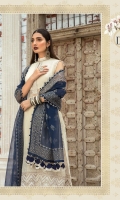 Organza pearl printed shirt (front’back& sleeves) Lawn dyed inner Cambric dyed trouser Organza embroidered neck patti Organza embroidered neck patch Organza embroidered gherapatti Organza embroidered sleeve patti 1 Organza embroidered sleeve patti 2 Organza pearl printed dupatta
