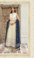 Organza pearl printed shirt (front’back& sleeves) Lawn dyed inner Cambric dyed trouser Organza embroidered neck patti Organza embroidered neck patch Organza embroidered gherapatti Organza embroidered sleeve patti 1 Organza embroidered sleeve patti 2 Organza pearl printed dupatta
