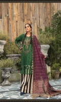 Lawn Schiffli embroiderd front Lawn Schiffli embroiderd sleeves Lawn printed back Cambric printed trouser Organza embroidered neckline Organza for ghera Organza embroidered sleeve patch Hand woven khadidupatta Swarovski buttons