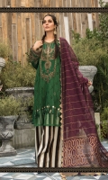 Lawn Schiffli embroiderd front Lawn Schiffli embroiderd sleeves Lawn printed back Cambric printed trouser Organza embroidered neckline Organza for ghera Organza embroidered sleeve patch Hand woven khadidupatta Swarovski buttons