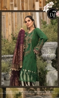 Lawn Schiffli embroiderd front Lawn Schiffli embroiderd sleeves Lawn printed back Cambric printed trouser Organza embroidered neckline Organza for ghera Organza embroidered sleeve patch Hand woven khadidupatta Swarovski buttons