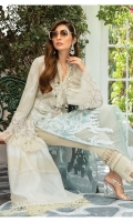 swiss lawn embroidered front swiss lawn printed back swiss lawn printed sleeves cambric dyed trouser organza embroidered sleeve patti organza for ghera front organza neck lace with pearls 1 organza schiffli embroidered neck lace 2 hand woven khadidupatta Swarovski buttons