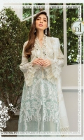 swiss lawn embroidered front swiss lawn printed back swiss lawn printed sleeves cambric dyed trouser organza embroidered sleeve patti organza for ghera front organza neck lace with pearls 1 organza schiffli embroidered neck lace 2 hand woven khadidupatta Swarovski buttons