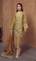 3 Piece Shirt, trouser and dupatta Fully embroidered organza shirt Embellished neckline Jacquard trouser Zari net embroidered dupatta.