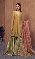 3 pieces Shirt, Under Shirt and Trouser Zari net embroidered angrakha Embellished with Tassles and pearl hangings Embroidered sleeves Raw silk under shirt Tissue embroidered gharara Embroidered organza dupatta