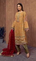 3 pieces Shirt, Under Shirt and Trouser Cotton net fully embroidered shirt Embellished with fancy buttons and pearl hangings Embroidered sleeves Embellished with fancy buttons and pearl hangings Jacquard shalwar Embroidered organza dupatta