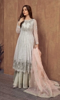 3 pieces Shirt Under Shirt and Trouser Net fully embroidered frock Embellished neckline with hangings pearls Embroidered sleeves Raw silk under shirt Tissue sharara Embroidered organza dupatta