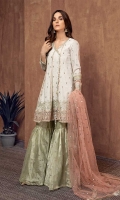 3 pieces Shirt, under shirt and trouser Zari cotton net fully embroiderd angrakha Embroidered sleeves Embellished with fancy Tassles Raw silk under shirt Embroidered tissue gharara Dupatta with Mukesh.