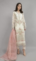 Shirt Fabric: cotton net Trouser fabric: jacquard Dupatta fabric: organza Cotton net all over embroidered front and embellished neck line with self-jacquard embroidered sleeves matching raw silk under shirt and trouser with fully embroidered organza dupatta