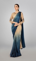 Blouse fabric: Organza Saree fabric: Pure shamoz Patti coat: Raw silk Teal Blue shaded shamoz saree Embellished blouse with embroidered sleeves