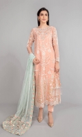 Organza embroidered long shirt Organza embroidered sleeves with pearls Embellished and embroidered neckline Pearl printed net trouser Net embroidered dupatta Cotton satin lining for trouser and shirt
