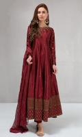 3 piece Frock, trouser and dupatta Fully embroidered Raw silk full length frock  Embellished sleeves, neckline and hem Raw silk trouser Chiffon embroidered dupatta 