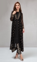 3 piece Gown-undershirt-trouser Chiffon embroidered gown Sleeves embroidered Embellishment on neckline plus sleeves Raw silk undershirt Jacquard trouser