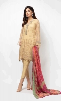 3 Piece Shirt, Dupatta and trouser Chiffon schiffli embroidered shirt Embellished neckline and sleeves Raw silk tulip cut pants Digital printed silk dupatta with embroidered border