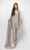 3 Piece Shirt, Dupatta and Trouser Organza fully embroidered shirt Embellished neckline and hem Jacquard straight pants Chiffon embroidered dupatta.