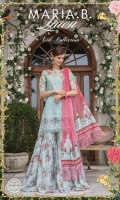 Printed front and back  Printed trouser  Embroidered and embellished neckline with pearls  Embroidered and embellished sleeve patch  Embroidered pearl sleeve patti Embroidered ghera patti Schiffli embroidered chiffon dupatta  Digital printed dupatta pallu