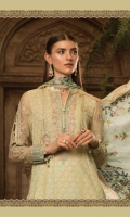 Printed front and back  Embroidered chiffon sleeves Embroidered neckline  Embroidered ghera patti Printed trouser  Digital printed silk dupatta  Swarovski buttons